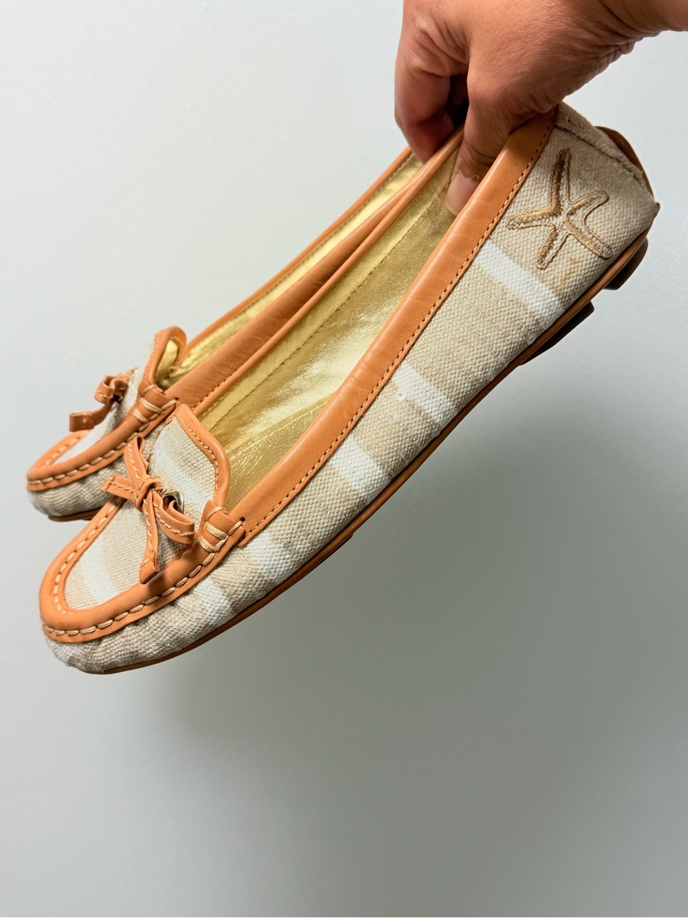 Coach Tan Leather-Trim Cream Striped Moccasin Loafers
